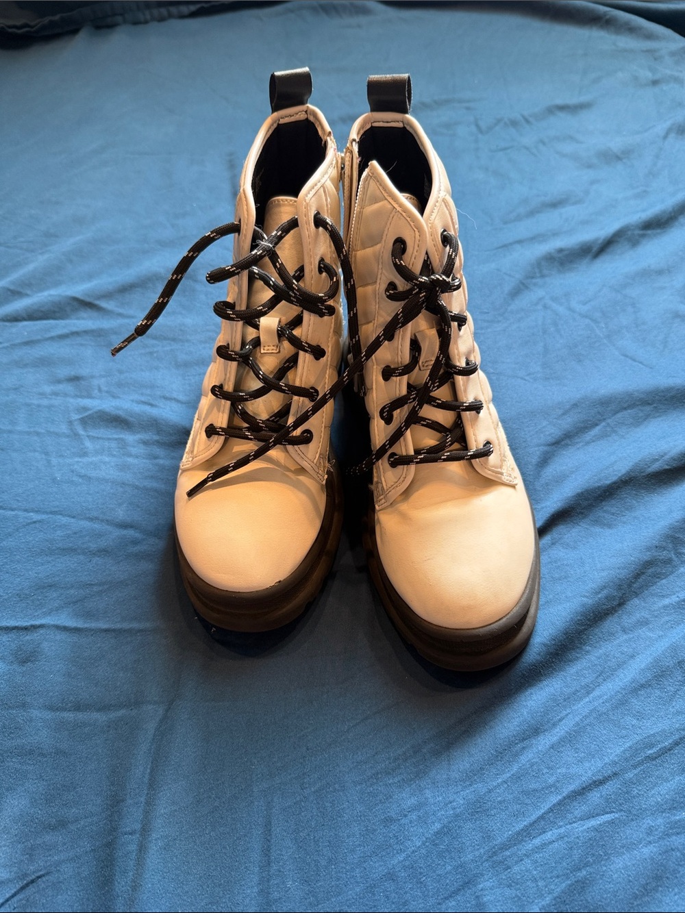 wonder nation Cream Lace-Up Platform Combat Boots with Black Accents